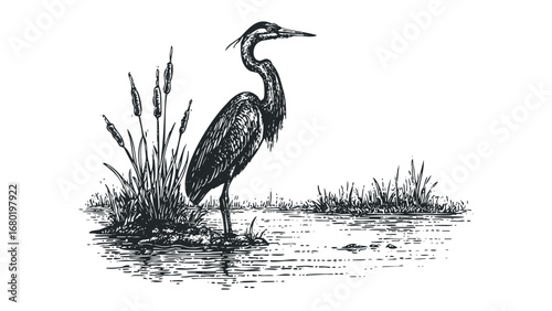 Sketch of Heron Bird Standing by Cattails in Water. Vector hand drawn illustration