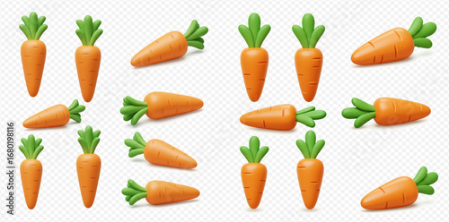 Stylized 3D rendered carrots with vibrant green tops arranged in various orientations against a transparent background.