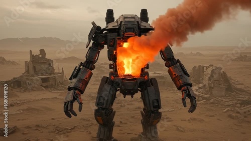 Giant robot emitting smoke in a desolate landscape