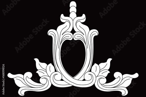 An elegant white ornate border decoration displays intricate classical scrollwork on black.