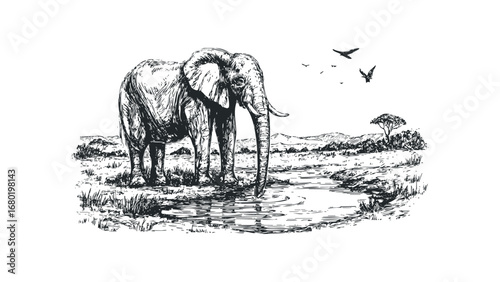 Sketch of Elephant Drinking Water in African Savanna Landscape. Vector hand drawn illustration
