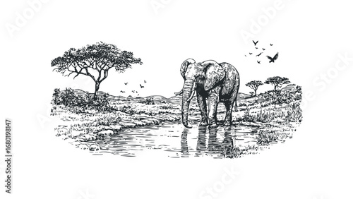African Elephant Walking Through Watering Hole with Birds Overhead. Vector hand drawn illustration