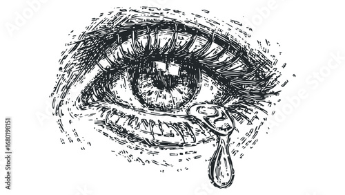 Detailed Sketch of a Human Eye with a Tear Droplet. Vector hand drawn illustration