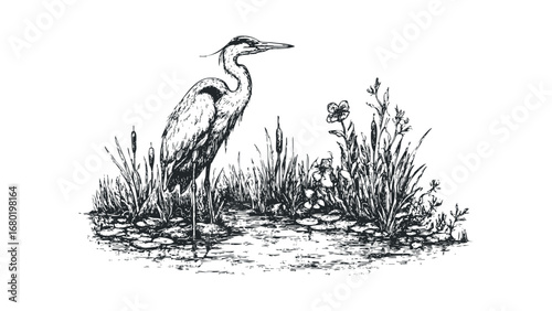 Sketch of a Heron Standing in Water Amidst Cattails and Water Lilies. Vector hand drawn illustration