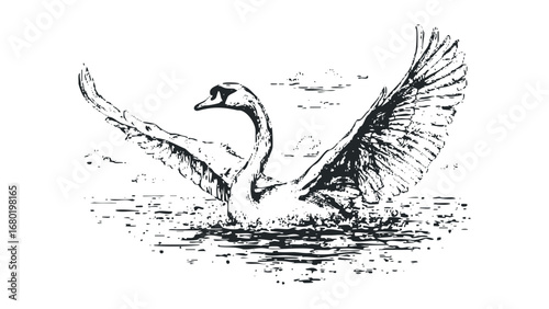 Swan Taking Flight with Wings Spread on Water Surface. Vector hand drawn illustration
