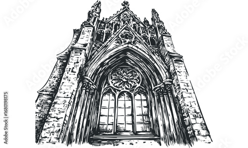 Gothic Architecture Facade With Rose Window And Arched Windows. Vector hand drawn illustration