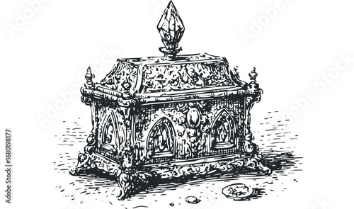 Ornate antique treasure chest drawing with ornate carvings and a spire. Vector hand drawn illustration