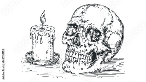 Human skull with dripping candle on isolated white transparent background. Vector hand drawn illustration