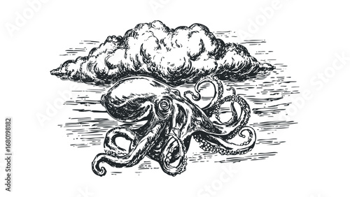 Octopus Emerges from Turbulent Water Beneath Cloud. Vector hand drawn illustration