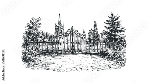 Ornate gate leading to a gothic church tower with surrounding trees. Vector hand drawn illustration