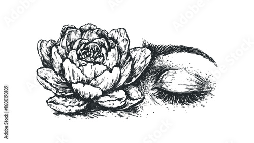 Sketch of a blooming flower next to a closed eye with eyelashes. Vector hand drawn illustration