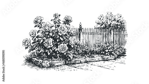 Detailed ink sketch of abundant blooming roses next to a white picket fence. Vector hand drawn illustration