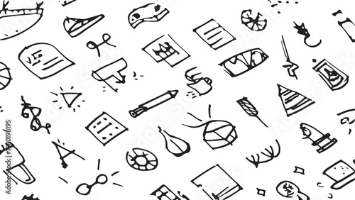 Hand Drawn Doodle Pattern Black and White with Travel and Adventure Elements creating a playful and whimsical design