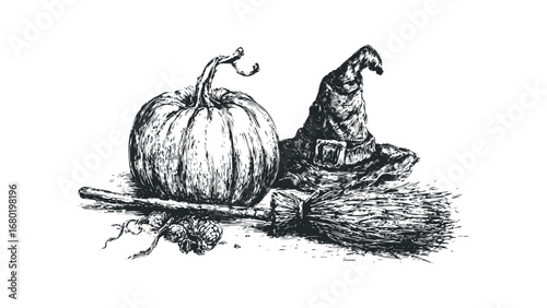 Hand drawn sketch of a pumpkin and witch hat with broom. Vector hand drawn illustration