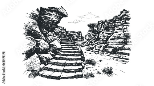 Stone Stairway Ascending Through Rocky Terrain Under Cloudy Sky. Vector hand drawn illustration
