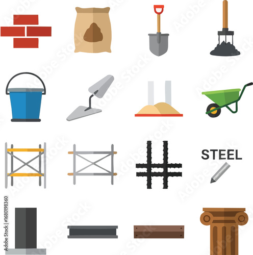 This comprehensive collection features various essential construction materials and tools, depicted as modern flat design icons for building projects.