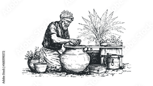 An Indian man with a turban works with clay pots and plants in an outdoor setting.. Vector hand drawn illustration
