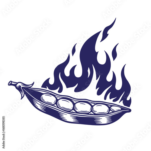 Intricate illustration of a pea pod with flaming embers against a white background
