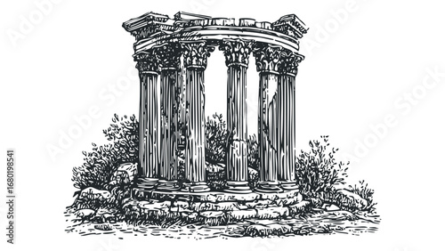 Ancient temple ruin with columns and foliage in a sketch style. Vector hand drawn illustration