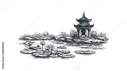 Pond scene with blooming water lilies and traditional pavilion building in detailed sketch. Vector hand drawn illustration