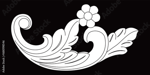 A classic ornate scroll ornament features graceful leaves and a blooming flower.