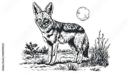 Stylized sketch of a wild canid standing attentively under a circular moon. Vector hand drawn illustration