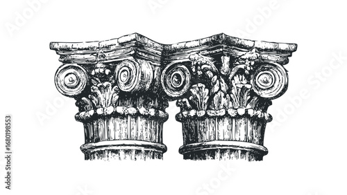 Ionic Column Capitals Drawing With Acanthus Leaves and Volutes. Vector hand drawn illustration
