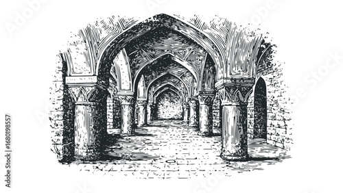 Engraving of an ancient stone hall with arched ceilings and columns. Vector hand drawn illustration