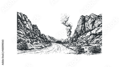 Ink drawing of a winding desert road with smoke plume rising from distant mountains. Vector hand drawn illustration