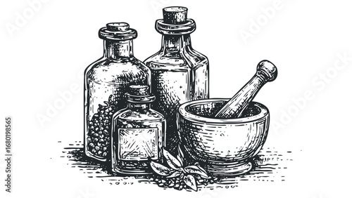 Vintage laboratory equipment with ingredients and vials for ancient medicine. Vector hand drawn illustration