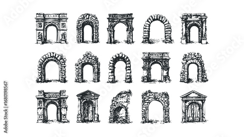 Collection of antique architectural archways and ruins rendered in a sketch style. Vector hand drawn illustration
