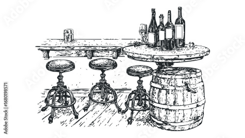 Vintage bar scene with bottles, stools, and barrel on a transparent background. Vector hand drawn illustration