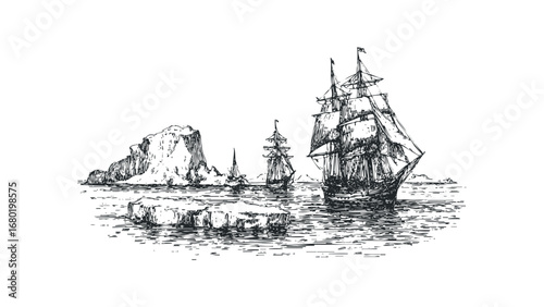 Vintage sailing ships navigate icy waters past icebergs sketch. Vector hand drawn illustration