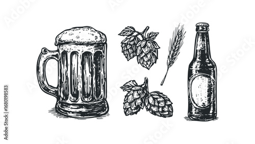 Sketch of Beer Mug with Hops and Wheat next to Bottle. Vector hand drawn illustration