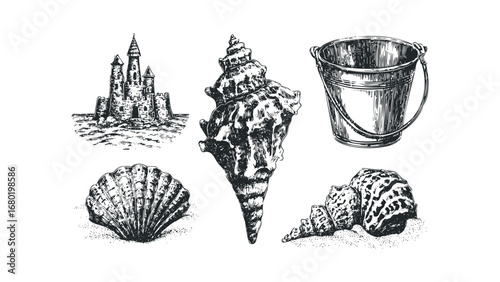 Vintage sketch of seaside leisure objects and castle on sand. Vector hand drawn illustration