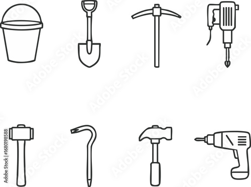A comprehensive set of essential building and repair implements depicted as clean line art vector icons, perfect for illustrating manual labor and DIY tasks.