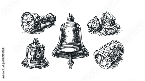 Engraved collection of antique bells and metal objects on a transparent background. Vector hand drawn illustration