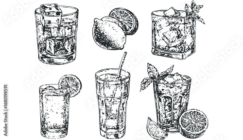 Collection of six refreshing drinks with ice, lemon, and mint. Vector hand drawn illustration