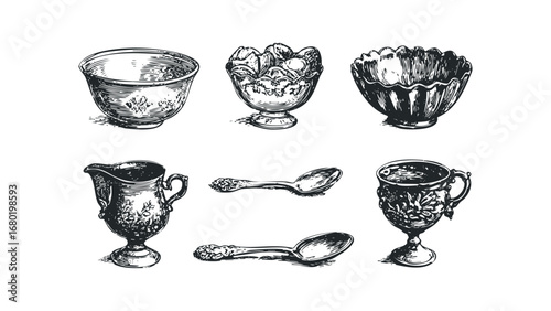 Vintage silverware and ornate bowls collection sketch on white. Vector hand drawn illustration