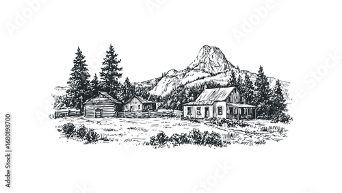 Sketch of old frontier settlement with cabins and mountain. Vector hand drawn illustration