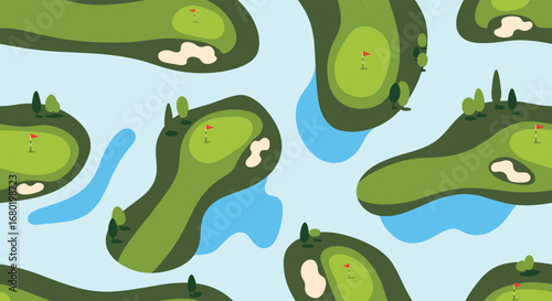 Vibrant golf course holes with water hazards and flags, a stylish pattern for sports and leisure.