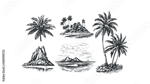 Hand Drawn Tropical Island Scenes With Palm Trees and Lighthouse. Vector hand drawn illustration