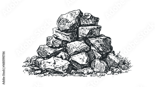 Pile of rough stones with sketchy grass texture. Vector hand drawn illustration