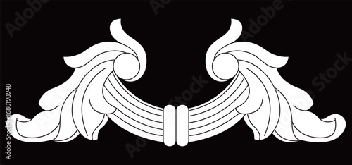 This elegant symmetrical decorative design element features beautiful scrolling leaf patterns.
