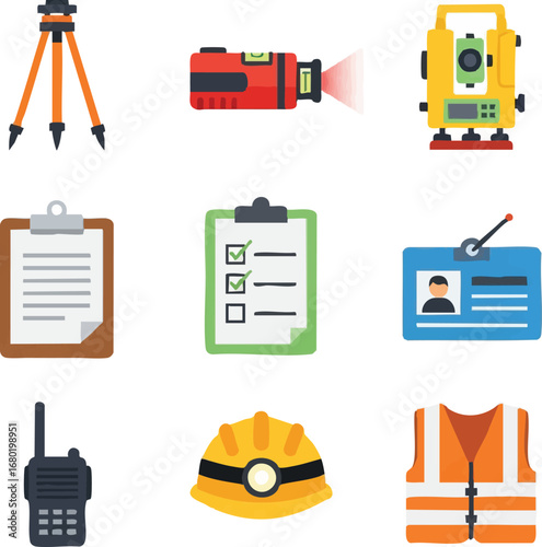 A comprehensive collection of essential tools and equipment for surveying, construction, and safety, presented as vibrant flat design icons.