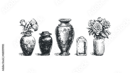 Five vintage ornate vases with floral arrangements on transparent background. Vector hand drawn illustration