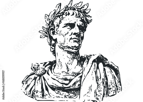 Bust of a Man Wearing a Laurel Wreath and Toga. Vector hand drawn illustration