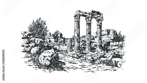 Ancient stone columns and ruins with textured ground and foliage. Vector hand drawn illustration
