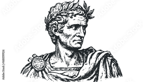 Bust portrait of ancient leader wearing laurel wreath and regal cloak. Vector hand drawn illustration
