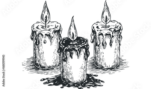 Hand-drawn illustration of three burning wax candles with dripping wax and flames. Vector hand drawn illustration